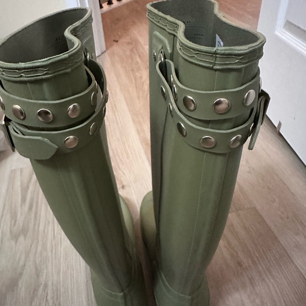 Original Tall Hunter Low Wedge Rain Boots with Gold Buckle Accents